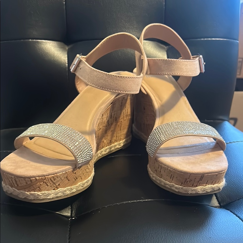 Madden NYC Beige Wedge Sandals with Rhinestone Accents size 10W